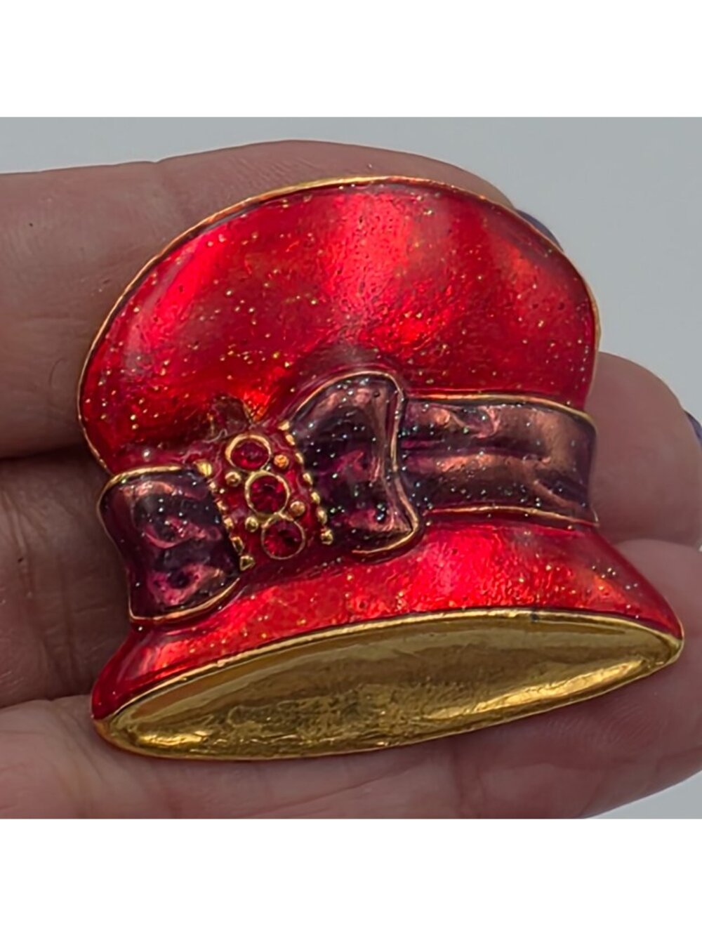 Red Hat Brooch Pin With Glittered Finish & Rhinestone Accents Vintage Gold Tone